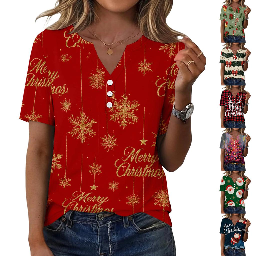 Women's Christmas Printed V-Neck Short Sleeve Button T-Shirt Casual Holiday Top