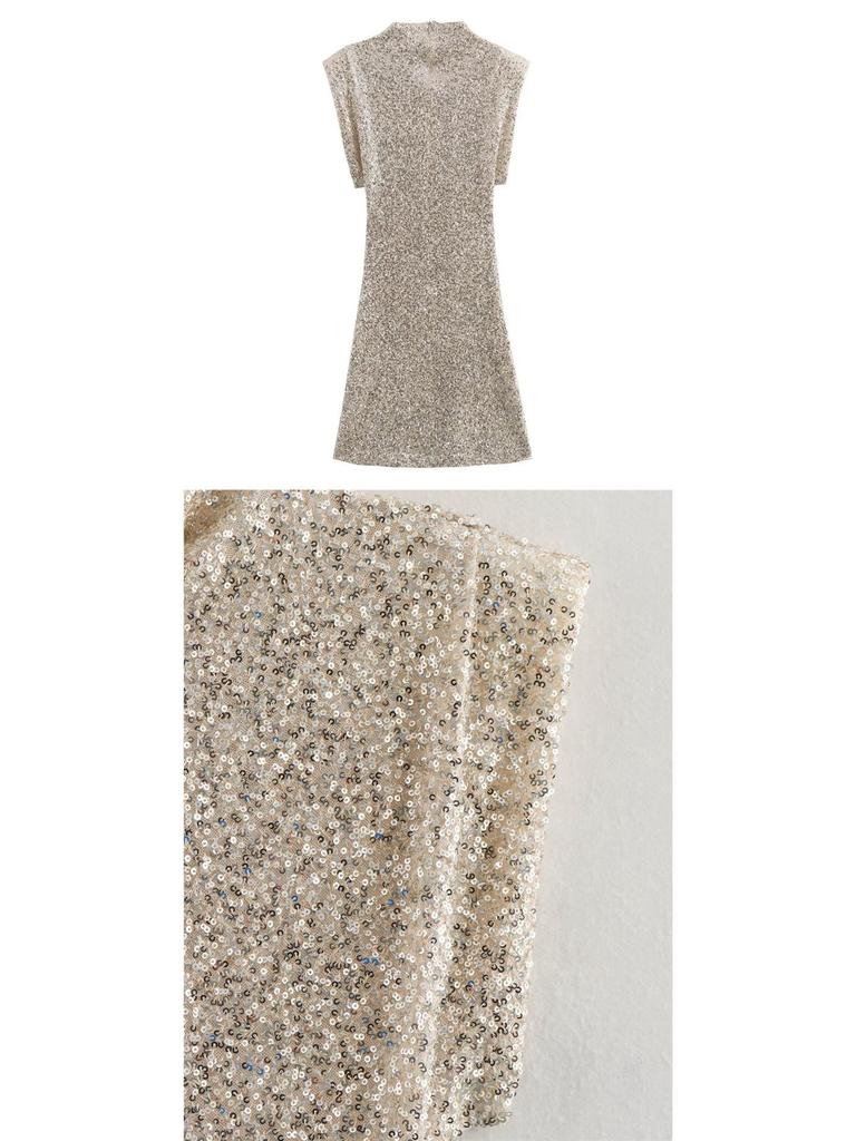 European Style 2026 Women's Sequined Evening Gown - Elegant, Padded Shoulders, Slim Fit, Sexy Beaded Design.