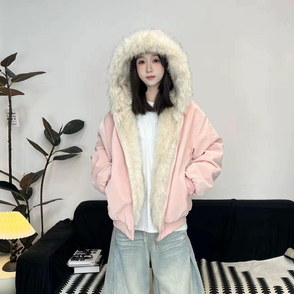Winter Marble Base Mountain Hooded PU Leather Jacket with Faux Mink Fur for Men & Women - Warm Cotton Couple Jacket