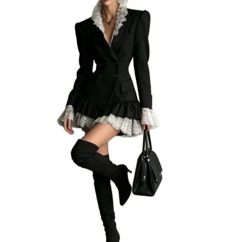 Womens Elegant Office Wear Lace-Panel Long Sleeve Blazer Dress Coat 2026