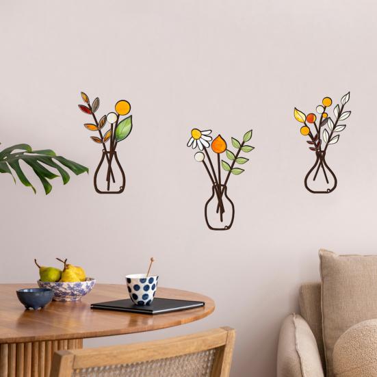 3 Stück/Set Metall Blumenvase Wandskulptur 3D Hohl Eisendraht Pflanzenvase Wandornament Zuhause Büro Wohnzimmer Badezimmer Küche Wandkunst Schild