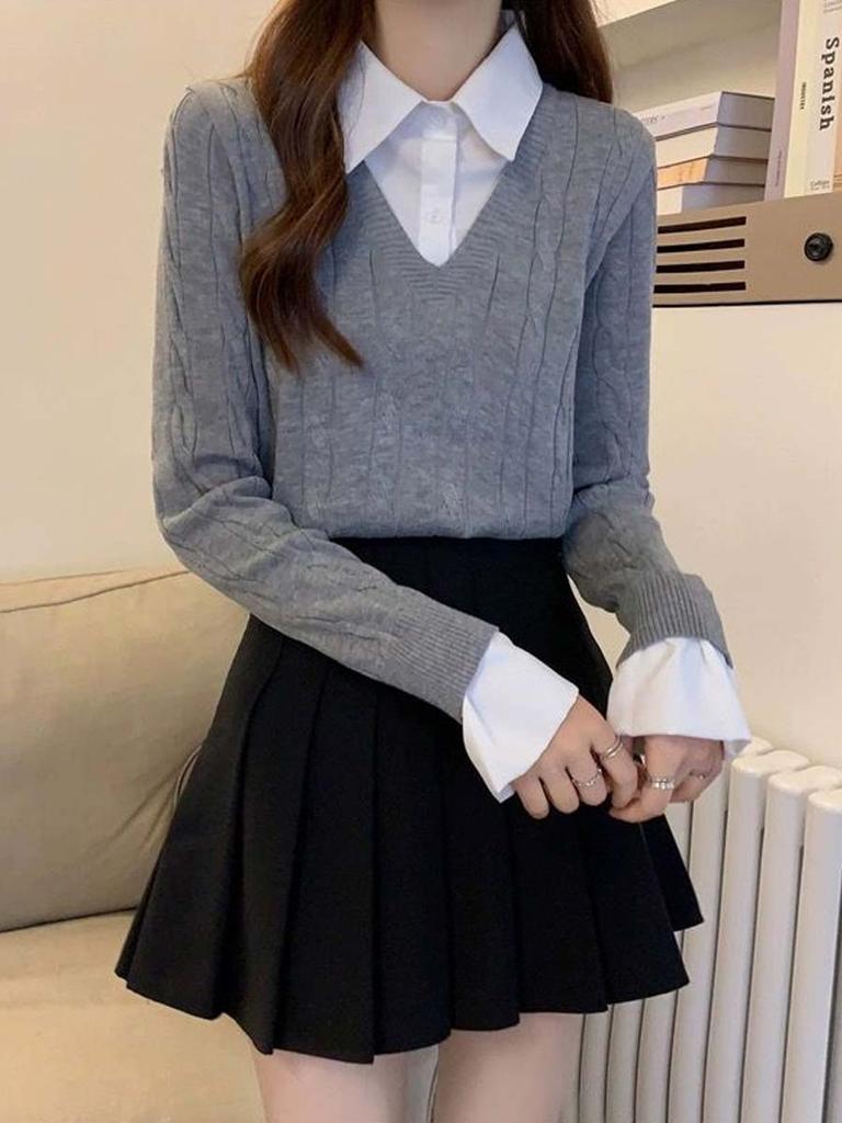 Women's Knitted Sweater Autumn Winter Shirt Collar Sweater Long Sleeved Top Fashion Clothing
