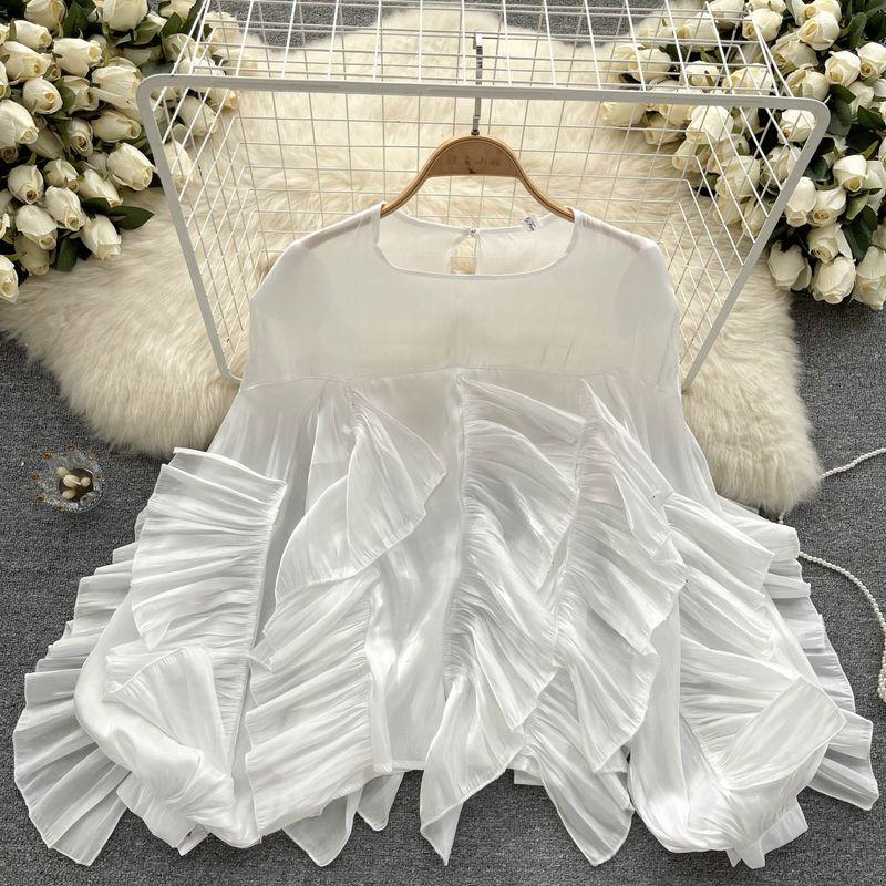 

Asymmetrical Ruffles Long Sleeves Loose Chiffon Shirt White One size