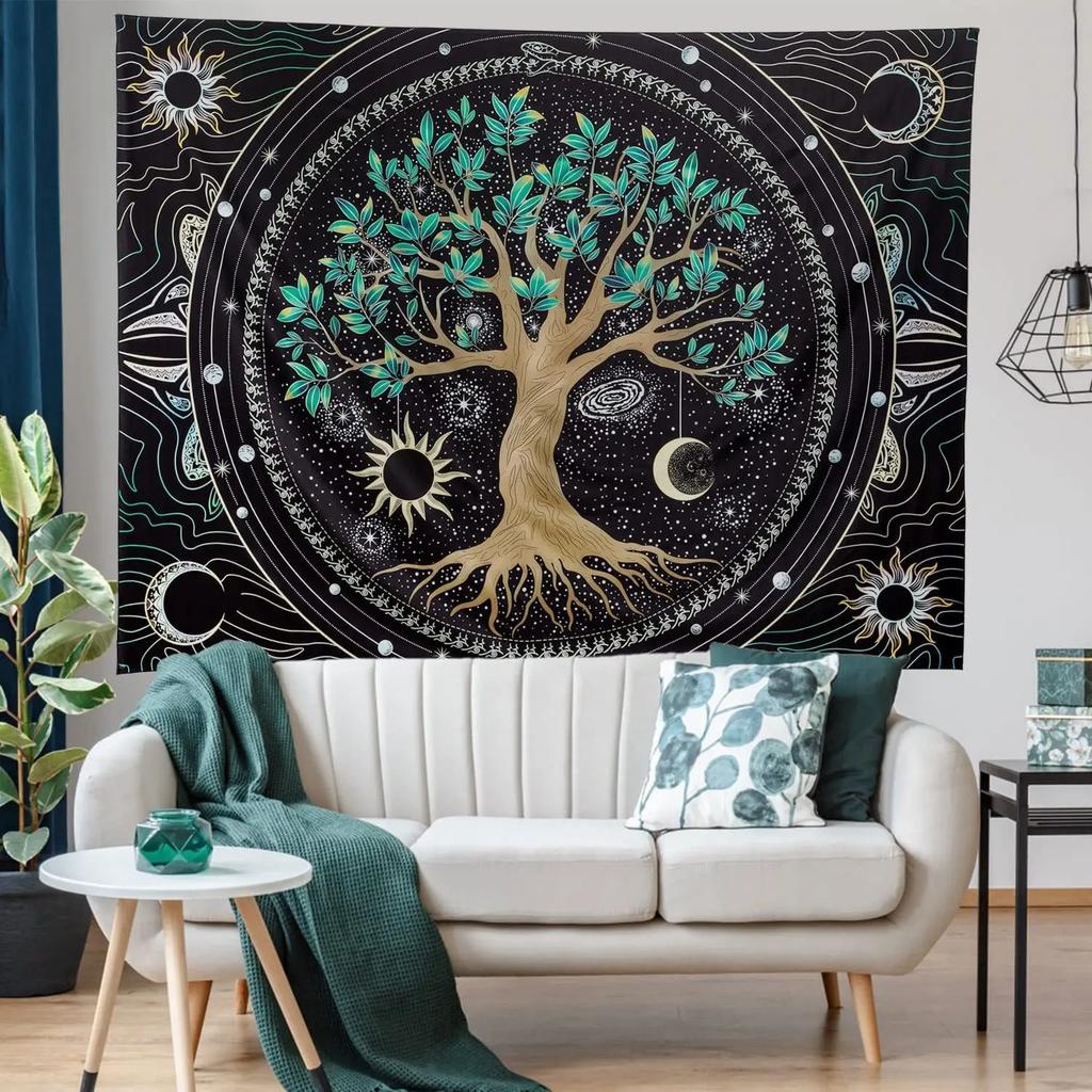 Mysterious Tree of Life Mushroom Forest Tapestry Wall Hanging Fairy Tale Bohemian Psychedelic Home Dormitory Dream Decor Sun