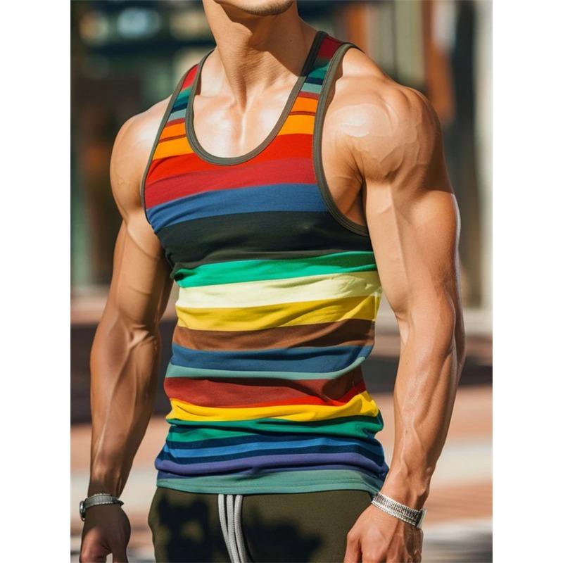 Retro Gestreept Grafisch Tanktops Voor Mannen Zomer Casual Dagelijkse Kleding Eenvoudige Mode 3D Geprint Vest Los Ademend Ronde Hals Tops