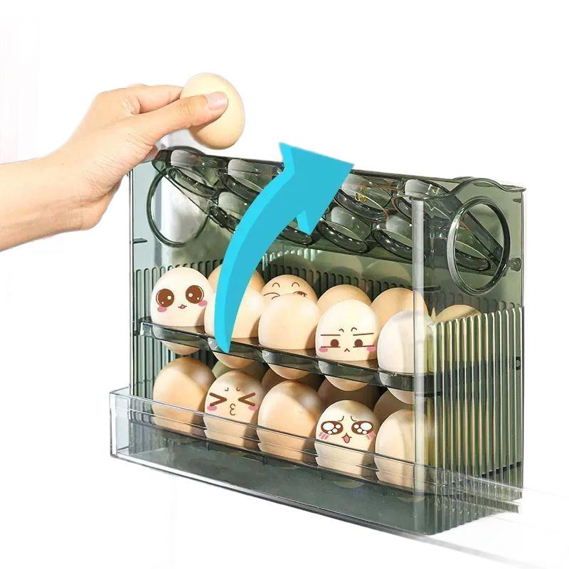 Space-Saver Auto-Flip Egg Box Freshness Assured Refrigerator Door Egg Holder Kitchen Organizer Kitchen Large Capacity Egg Fridge
