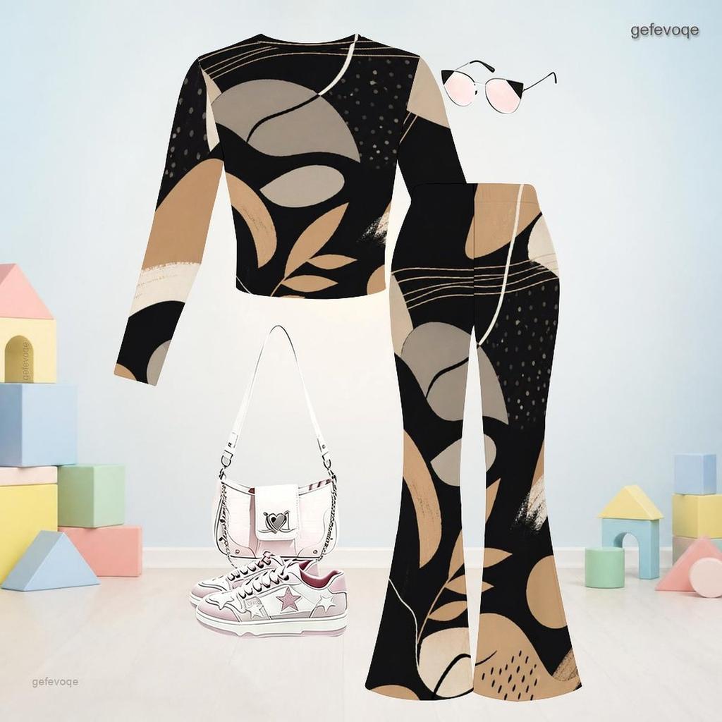 Girls Printed Round Neck Long Sleeve Top Flared Pants Two Piece Set
