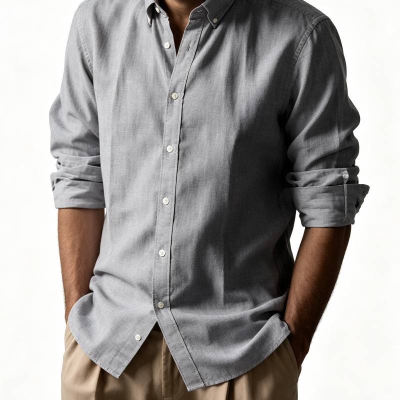 Casual Mens Linen Cotton Long Sleeve Shirt With Breathable Henley Collar For Summer Wear