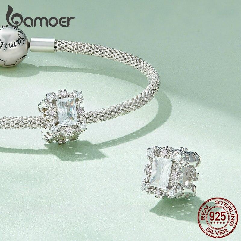 BAMOER 925 Sterling Silver Rococo Bead Pink Squre Zircon Flower Charm for Women Original Bracelet and Bangle Fine Jewelry