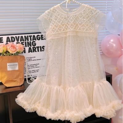Mädchen Frühling Sommer Prinzessinnenkleid Freizeitkleidung Koreanisches Perlenhals Prinzessinnenkleid Garnkleid
