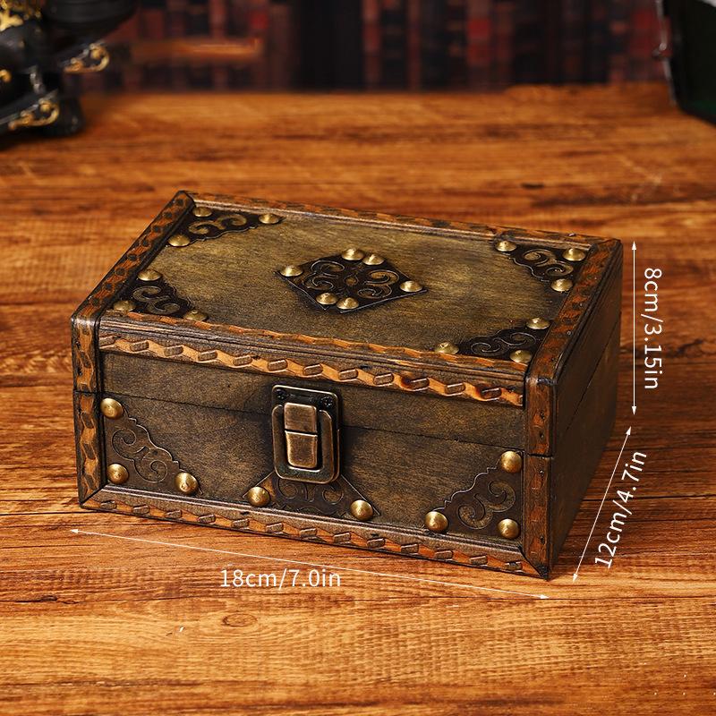 Retro Wooden Treasure Chest Vintage Lock Home Trinket Jewelry Storage Box For Photography Props Halloween Xma Party Decoration