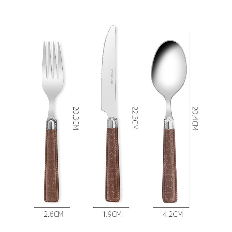 

Stainless steel knife, fork, spoon set with faux leather grain steak tableware, salad fork, spoon dinnerware set