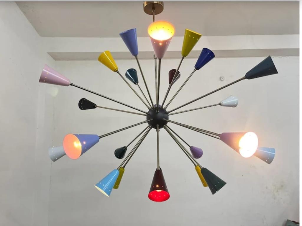 Mid Century 24 Multi Color Shade Metal Big Sputnik Chandelier Light Designer Ceiling Fixture Mid Century Ceiling Light Fixture