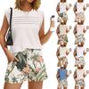Women's Casual Fashion Crewneck Pleated Hawaiian Print Shorts Set
