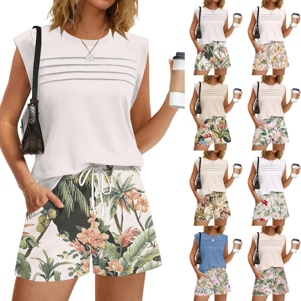 Women's Casual Fashion Crewneck Pleated Hawaiian Print Shorts Set
