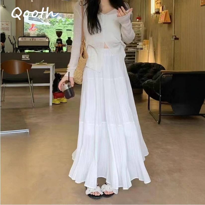 Qooth Summer Chiffon High Waist Skirt A-Line Pleated Maxi Skirt Ruffles Elegant Fashion Skirt QT2597