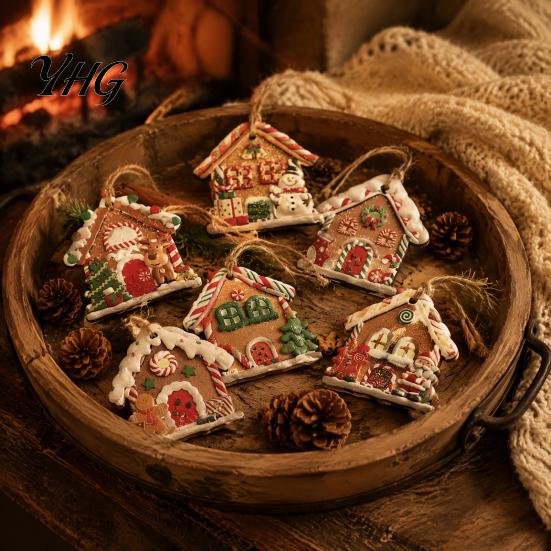 Small Gingerbread House Gifts 12Pcs Wooden Ornaments for Christmas Tree Decorations, Rustic Hanging Xmas Baubles Decor with Festive Candy And