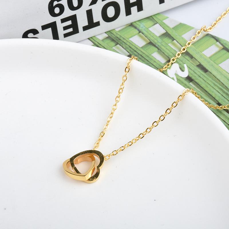 Korean Fashion Real Gold Heart-Shaped Clavicle Necklace for Women with Double Ring Design