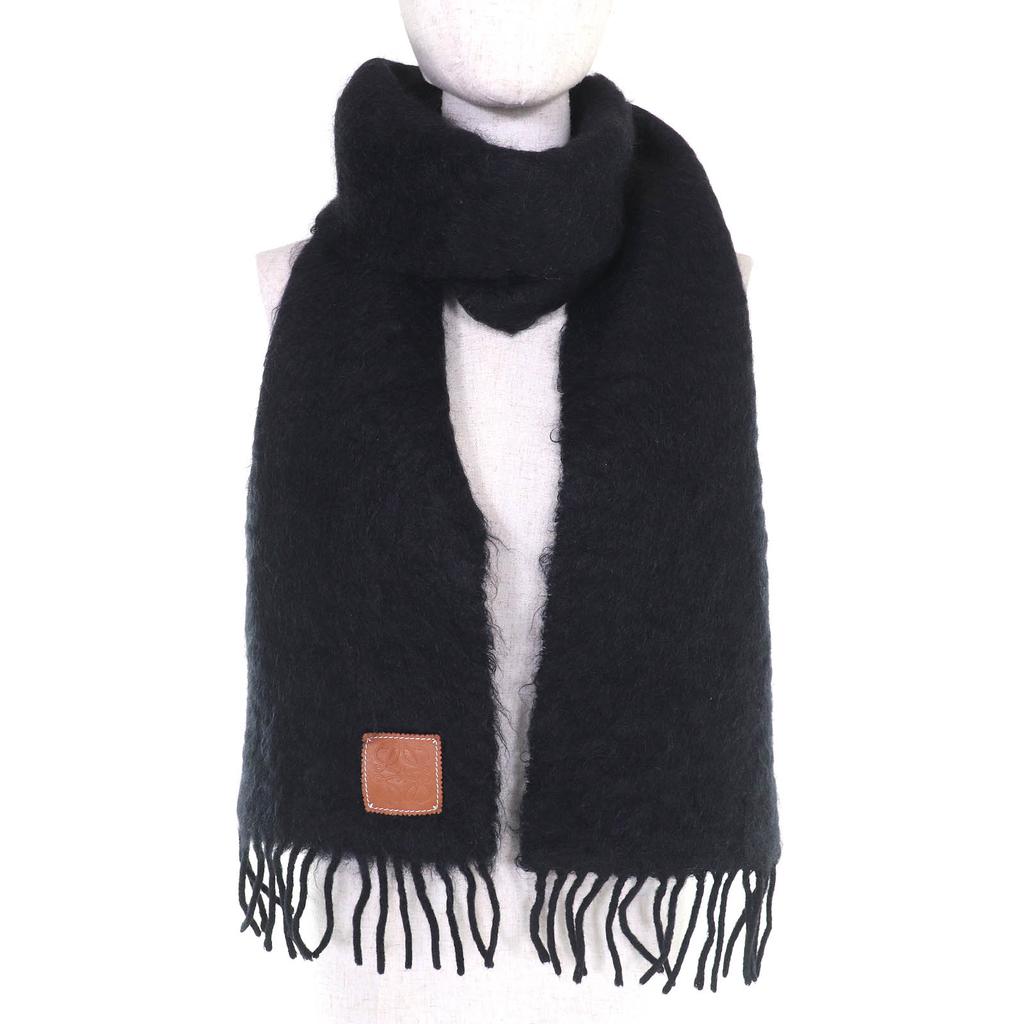 Great LOEWE Scarf Anagram logo patch fringe long black mohair Women Used