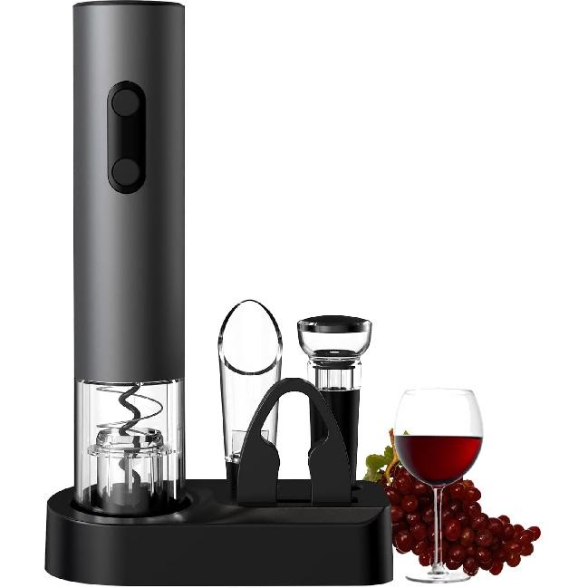 COKUNST Electric Wine Opener, 4-in-1 Wine Bottle Opener Set with Base, Cordless Automatic Battery Operated Corkscrew with Foil Cutter, Pour, Vacuum