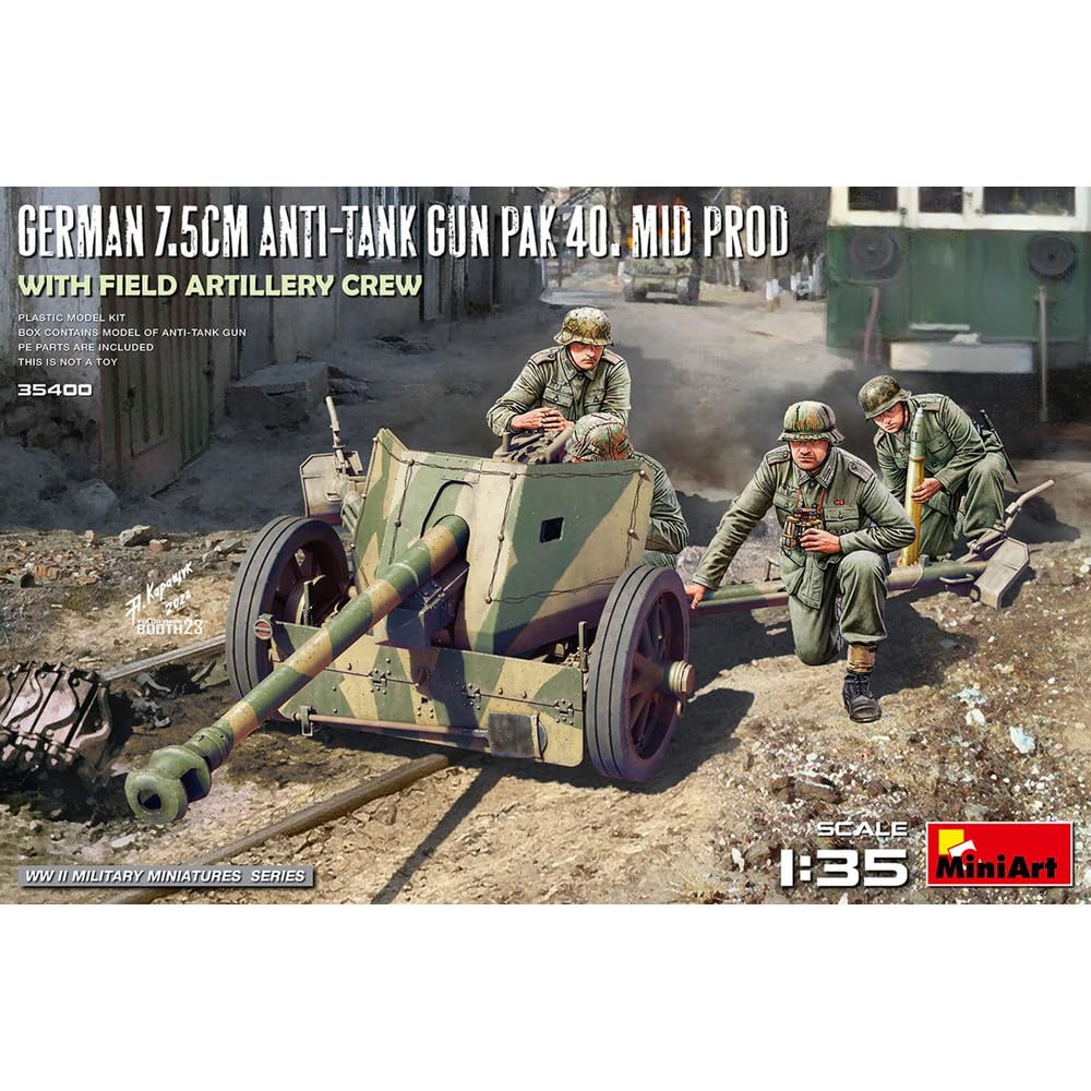 Miniart Scale WWII German Pak 40 with Artillery Plastic Model Number MA35400 1/35 7.5cm Anti-Tank Gun, Mid-Production, Figure, Model,