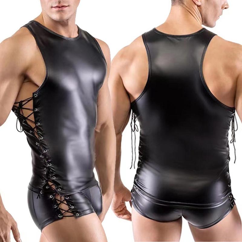 Men Sexy Wet Look Pvc Patent Leather Shiny Boxer Brief Lace Up Side Fetish Shorts Hot Pants Tops Underwear Lingerie Outfit