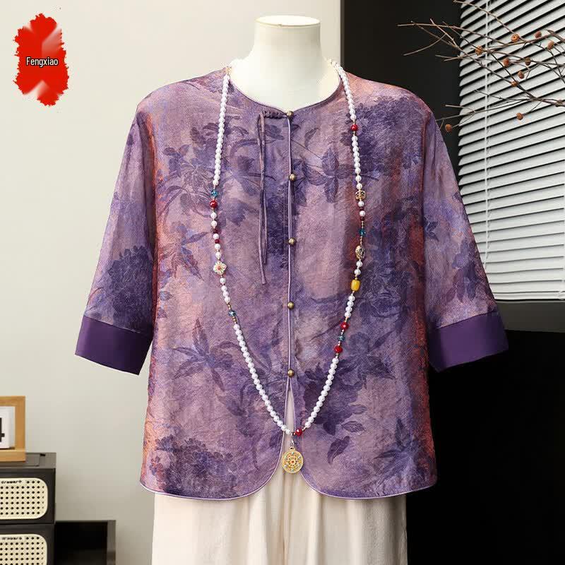 Elegant New Chinese Style Floral Print Half-Sleeve Shirt 3XL