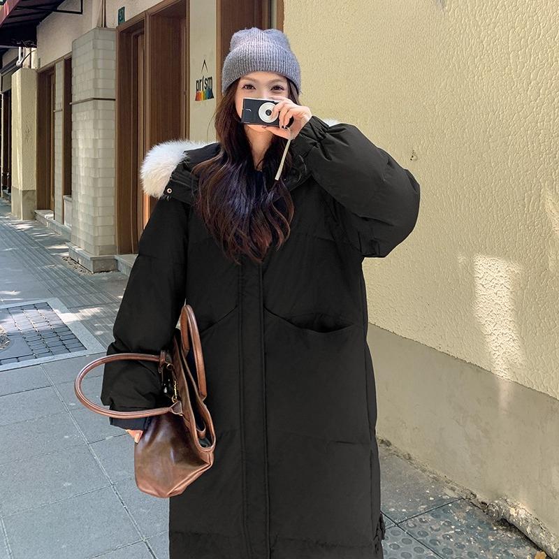 Chinese Style Cotton Coat with Fur Collar Women Winter Long Loose Solid Color Warm Jacket