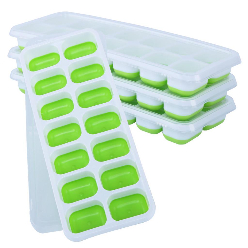 4Pc Covered Ice Tray Set With 14 Ice molds Molds Flexible Rubber Plastic Stackab зелёный