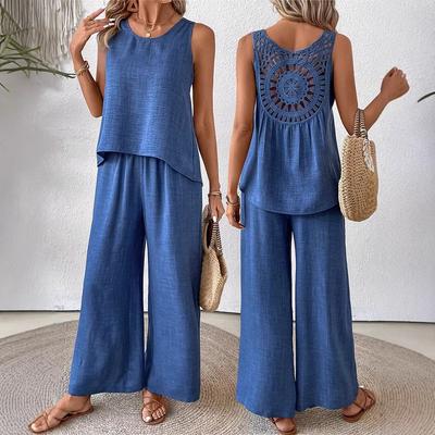Completo Due Pezzi da Donna Moda Tinta Unita con Schiena Svuotata a Fiore, Outfit Casual Eleganti