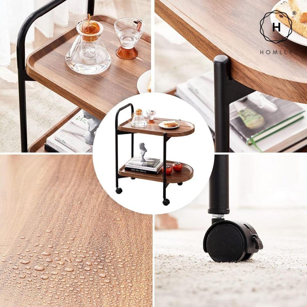 Homlly 2-Tier Walnut Mobile Rolling Kitchen Trollery Cart with Wheels