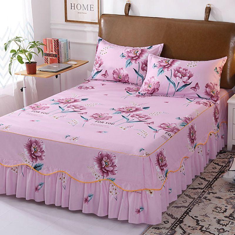 3PCS Fashion Floral Bedspread Brushed Sanding Bed Skirt King Queen Size Soft Comfortable Double Layer Bed Cover