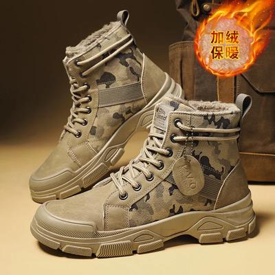 Mode Herren Camouflage Stiefel Trendy Lässig Retro Wüste Hochwertig Plüsch Mittelhoch Motorrad Outdoor Wandern Arbeitsschuhe