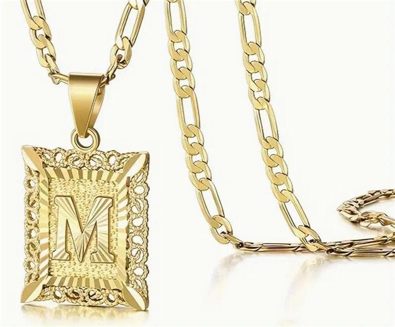 Initial Letter Pendant Necklace for Men Women 14K Gold Plated Square Necklace 26 Letters Long Chain Necklace GZW