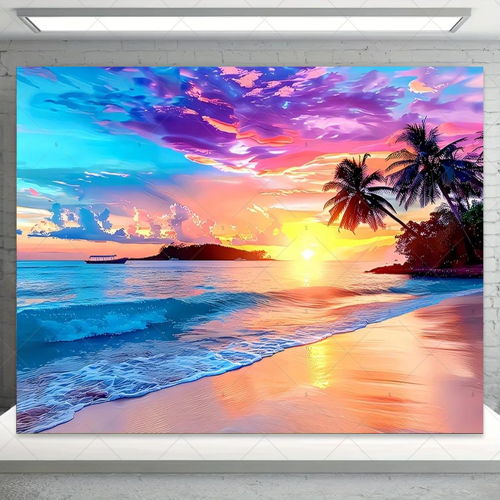 Summer sunset themed photography backdrop, palm trees, tropical ocean, beach, natural landscape, party banner, decor3068