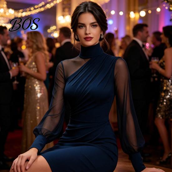 Everyday Casual Dress Women's Mesh Sheer Long Sleeve Mini Dress, Ruched Bodycon Mock Office Wear Women Neck Party Cocktail Formal Wedding Guest