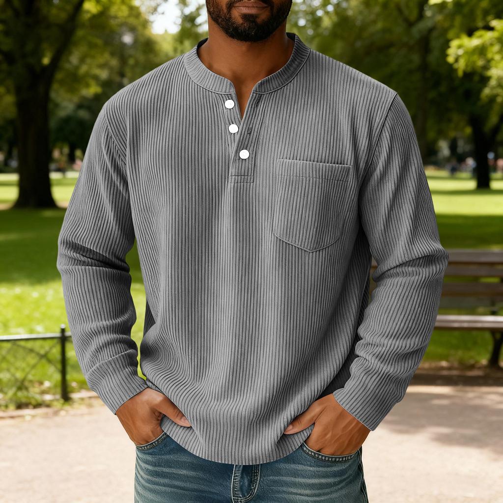 Men's Solid Color Corduroy Three-button Collar Men's Long-sleeved Shirt