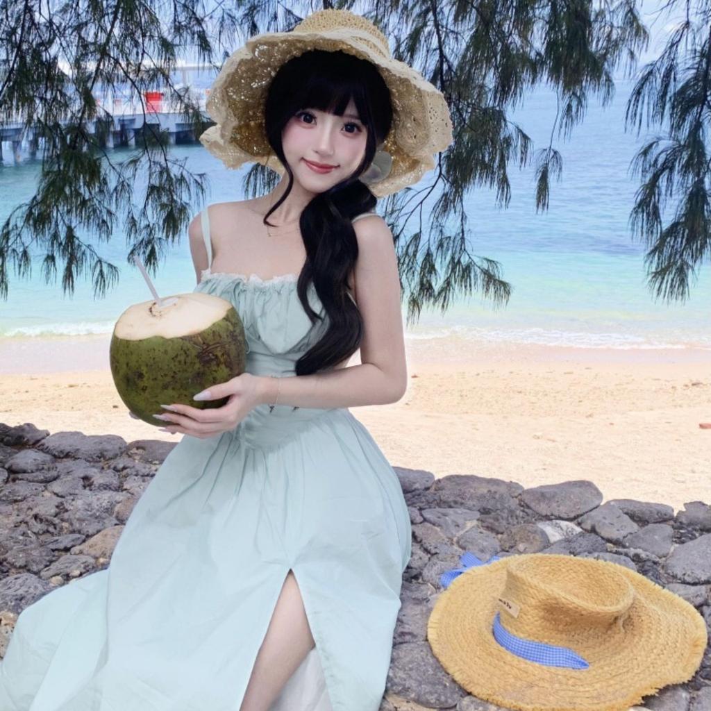 Backless vacation fairy suspender dress female spring new waist A word mint mambo skirt ins