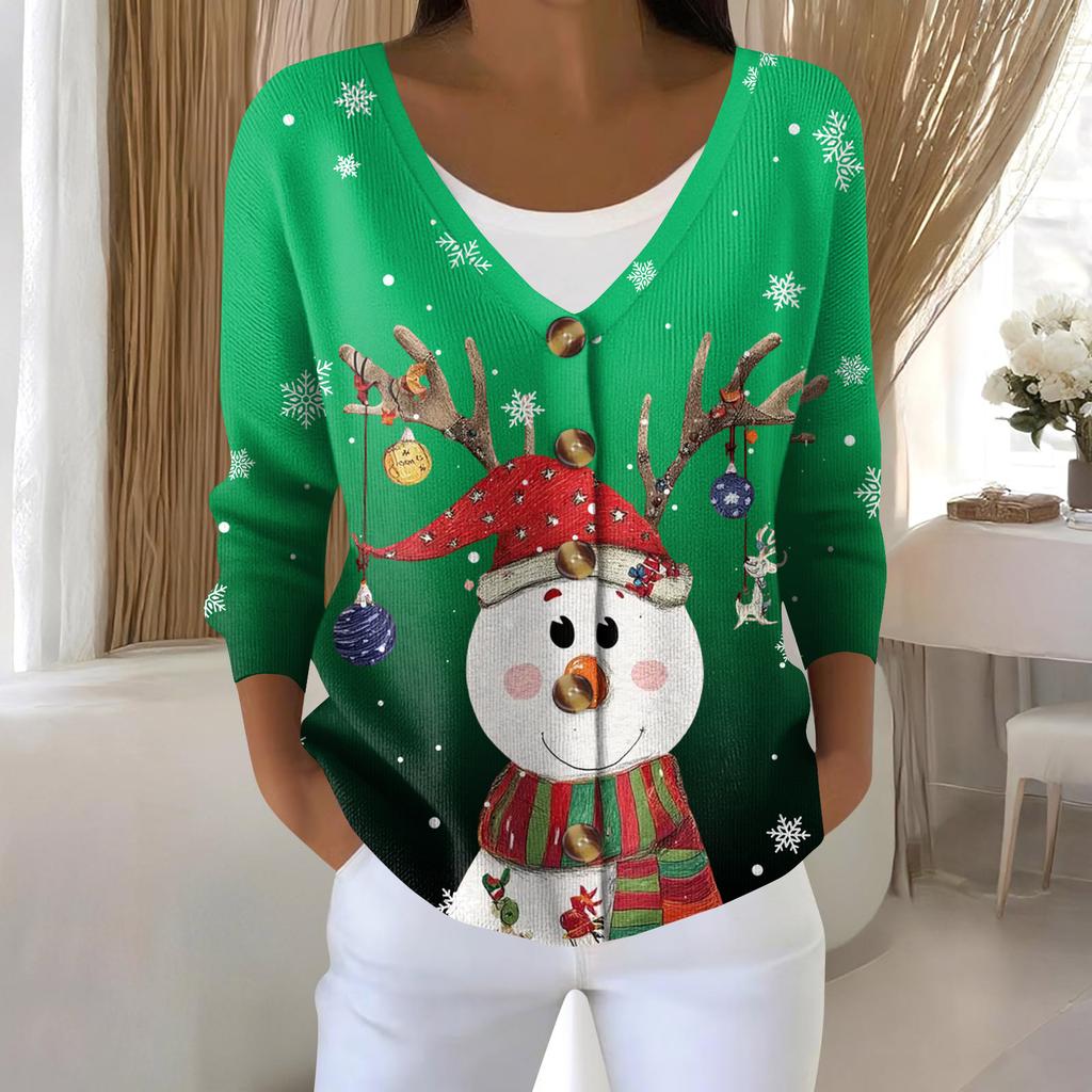 Women's Fashion Long Sleeve Christmas Snowman Snowflake Print Jacket Cardigan