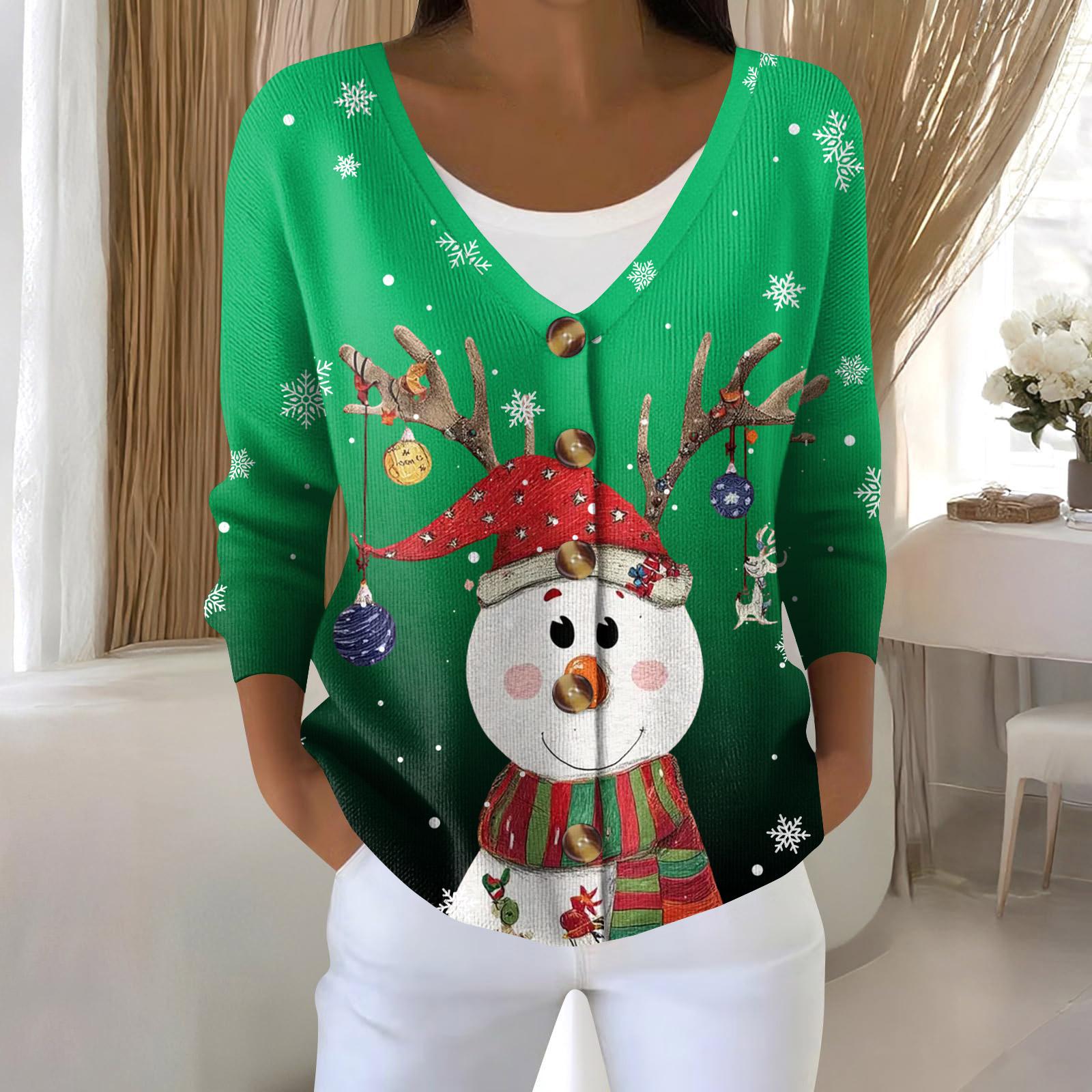Women s Fashion Long Sleeve Christmas Snowman Snowflake Print Jacket Cardigan L темно-зеленого