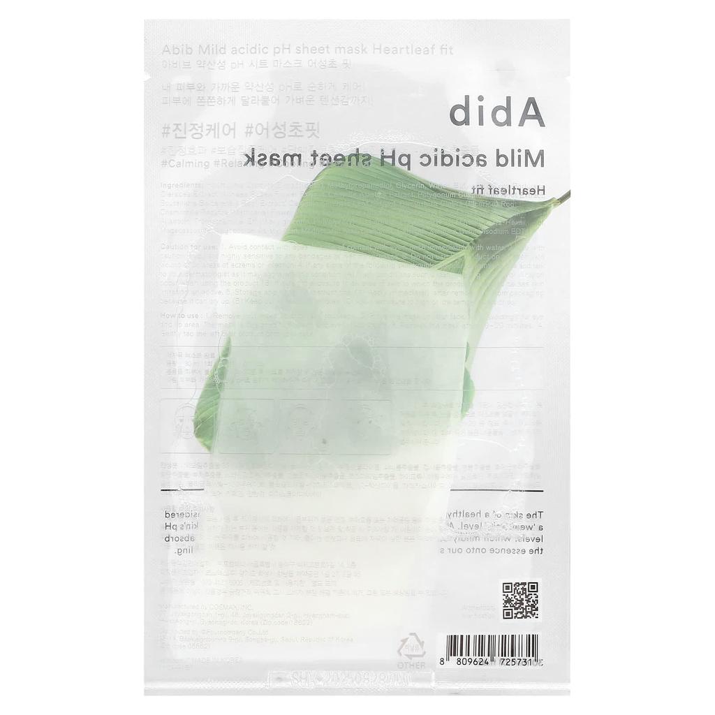 Abib, Mild Acid pH Beauty Sheet Mask, Heartleaf Fit, 1 Sheet Mask, 1.01 fl oz (30 ml)