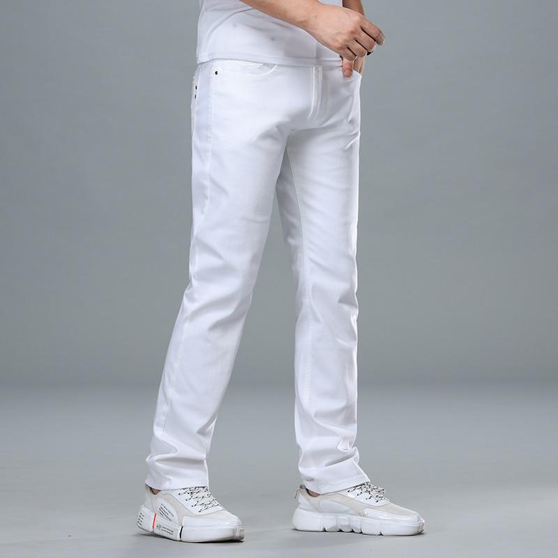 

Men S Regular Fit White Jeans Business Denim Advanced Stretch Cotton Trousers Male Brand Pants 28 белый