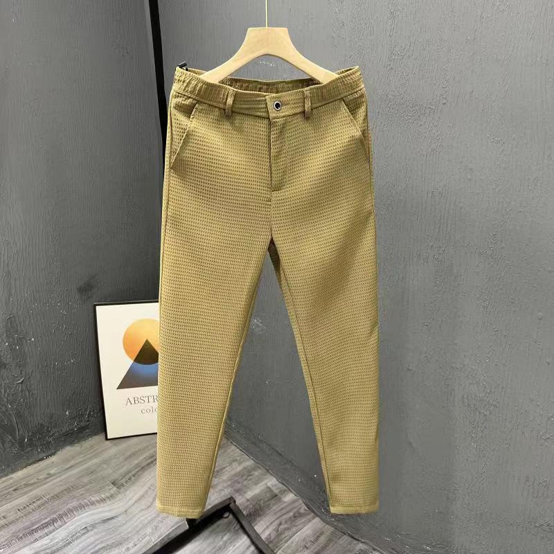 Pantaloni Bărbați Textură Wfle Talie Înaltă Croi Slim Pantaloni Scurți Casual Zilnic Birou Pantaloni cu Talie Elastică