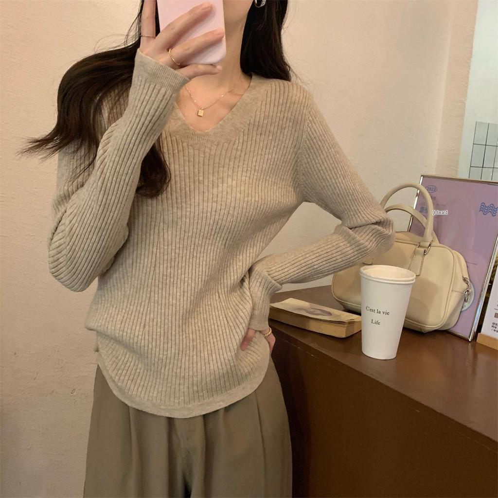 Women's French V-Neck Slimming Ribbed Knitwear Top - Autumn/Winter