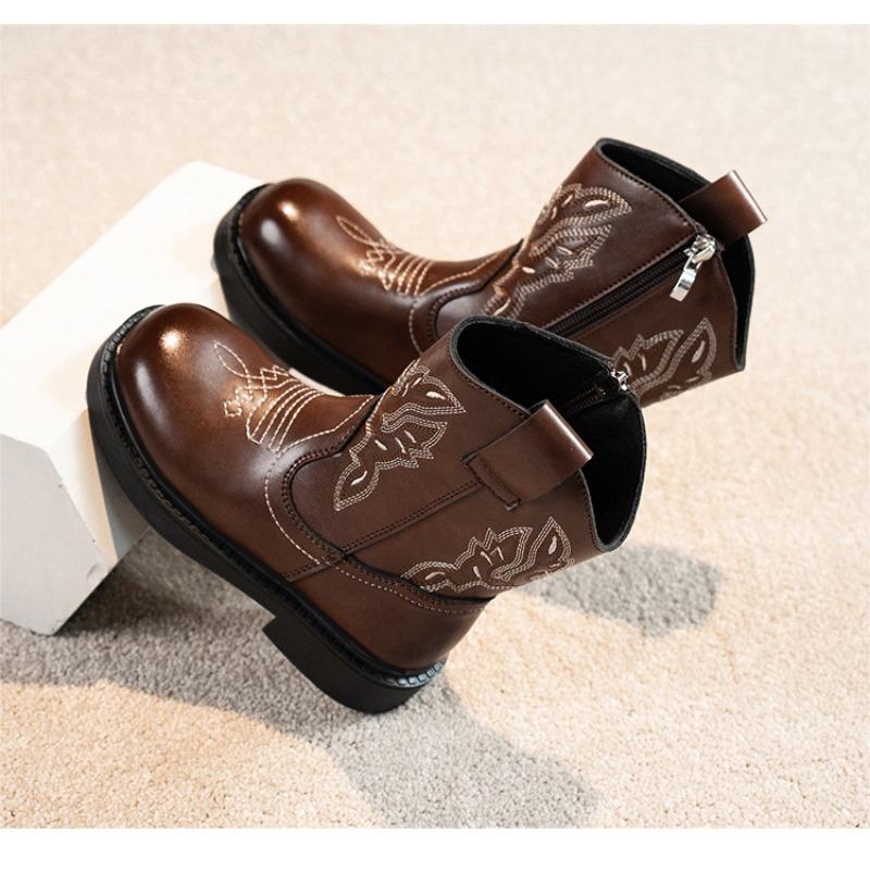 American Retro Girl Boots Princess Embroidery New Leather Boots Children Fashion Leather Boots Knight Boots