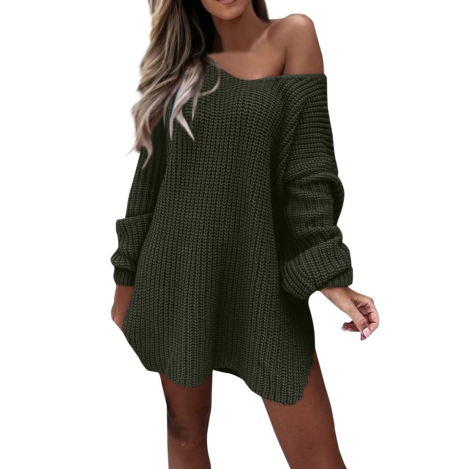 

Женский модный повседневный однотонный свободный вязаный свитер и зимний пуловер с V-образным вырезом L армия зеленый