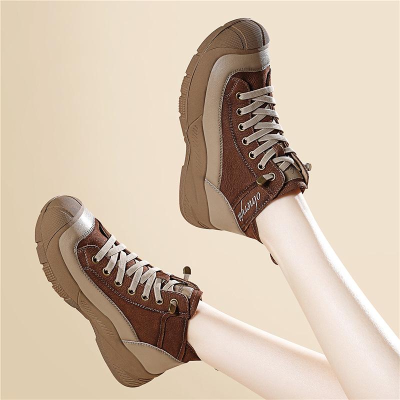 Leder High-Top dicke Sohle Herbst und Winter neu Ein-Pedal Damen Schuhe lässig Sport Rundkopf Schnürung Damen Arbeitskleidung Schuhe