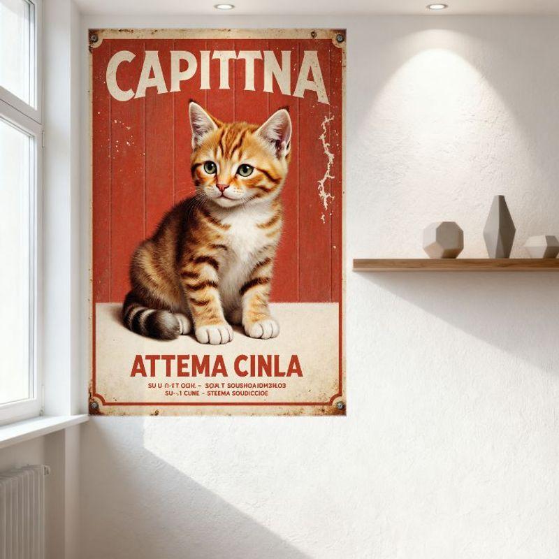 Vintage Red Wooden Plank Cat Kitten Metal Tin Sign, 'CAPITTNA' Distressed Serif Letters with Orange Tabby Cat Wall Decor for Bar