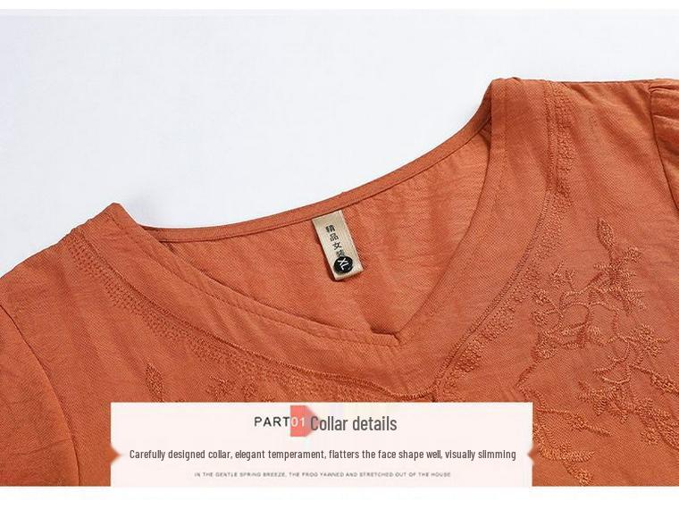 Women's Tencel Linen Embroidered Short-Sleeve T-Shirt & Pants Set - Summer Style for Middle-Aged Moms