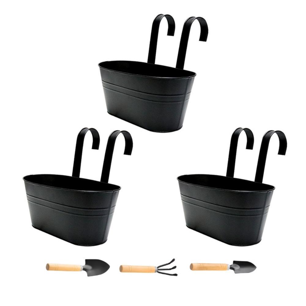 

3pcs 10.83 Inch Metal Iron Hanging Flower Pots with Small Shovel for Railing Fence Hanging Bucket Pots Countryside Style Window Flower Plant Holder 3pcs Black